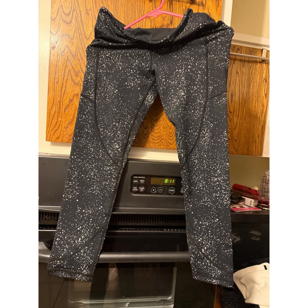 Zyia Active Womens Black White Splatter Paint High Rise Pocket Leggings Sz 8-10